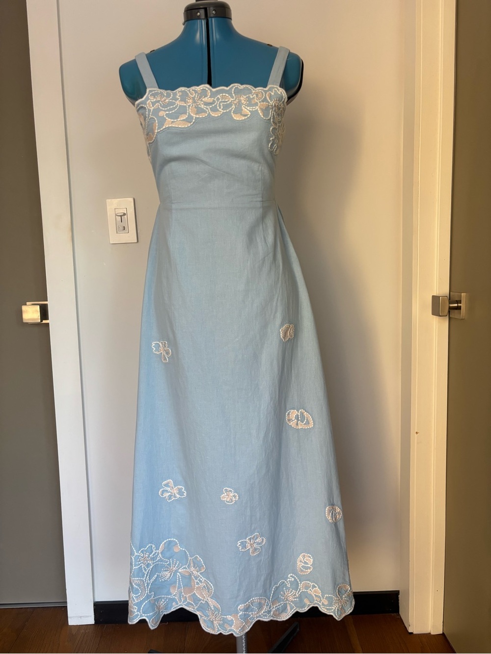 NWT Cleobella Marceline Blue Embroidered Cotton Linen Midi Dress XS